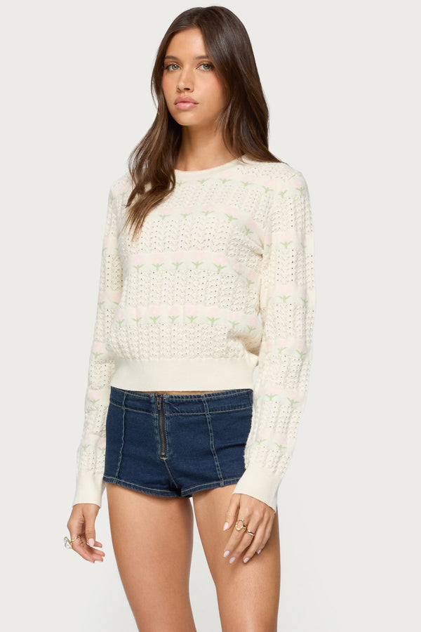 Edikted Emerie Flower Textured Knit Sweater Cream