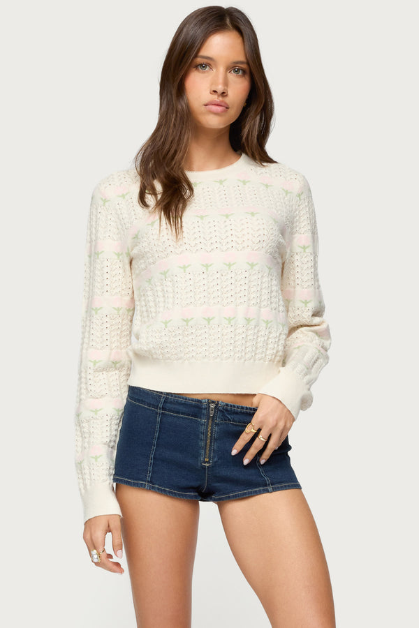 edikted Emerie Flower Textured Knit Sweater cream