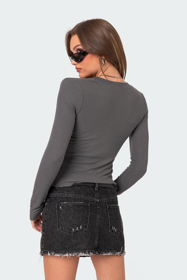 Edikted Emerson Button V Neck Top Dark Gray