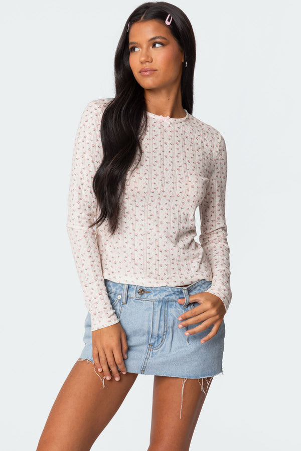 edikted Emery Printed Pointelle Top cream