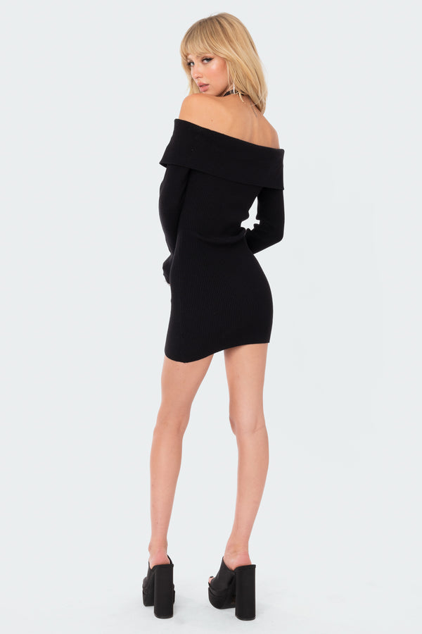 Edikted Emma Fold Over Knitted Dress Black