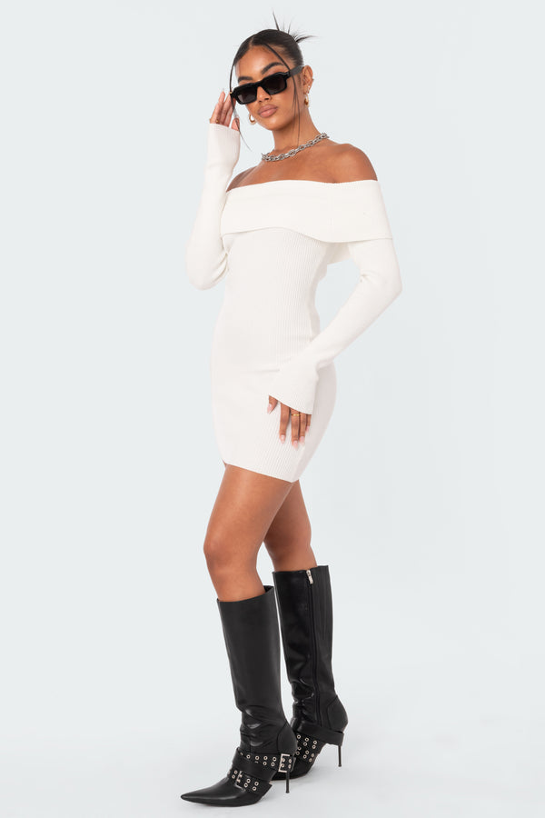 Edikted Emma Fold Over Knitted Dress White