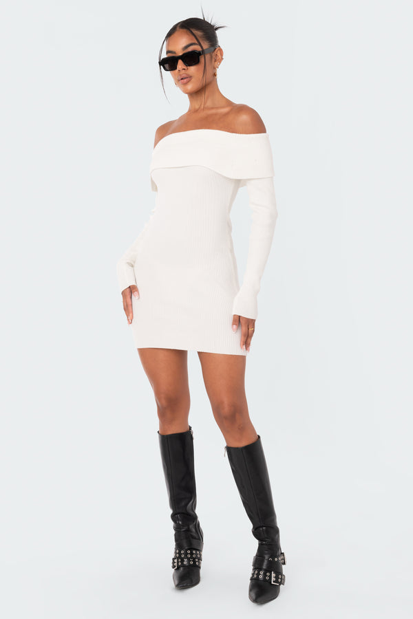 Edikted Emma Fold Over Knitted Dress White