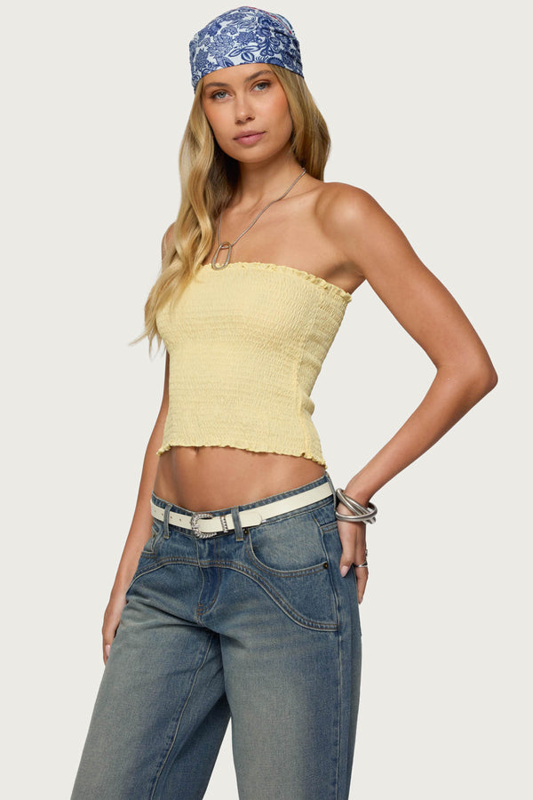 Edikted Emmet Strapless Scrunch Top Yellow