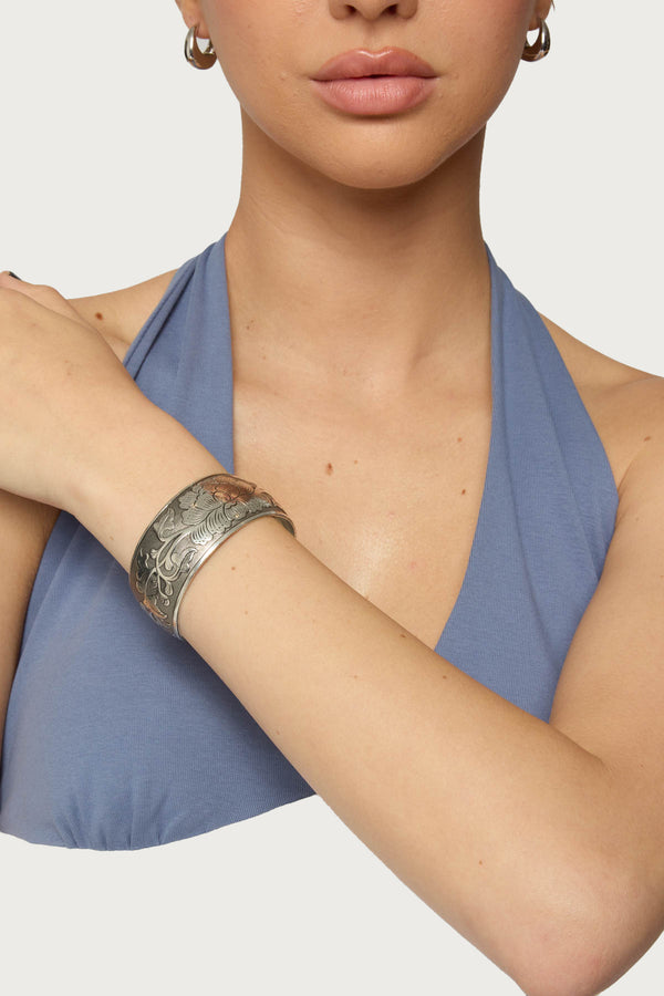 edikted Engraved Floral Bangle Bracelet silver