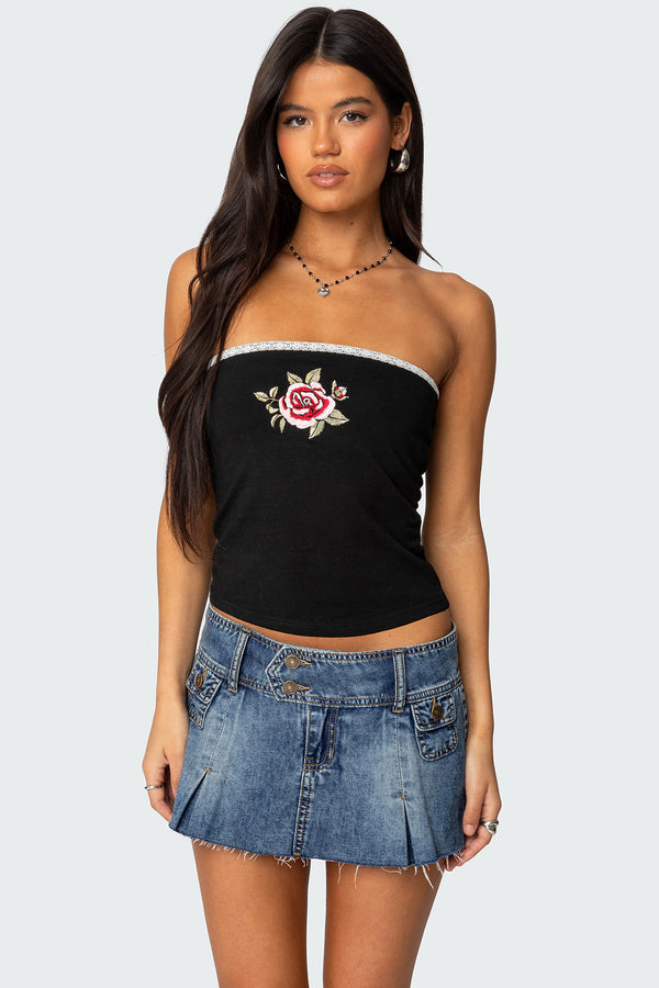Edikted Enora Embroidered Rose Tube Top Black