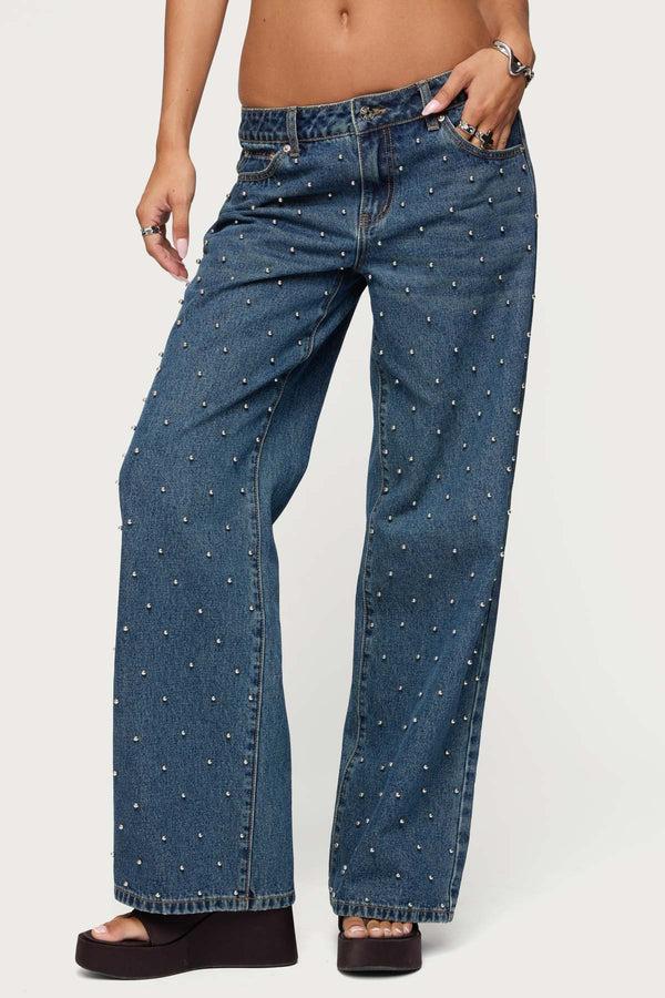 Edikted Esmay Studded Low Rise Jeans Blue Washed