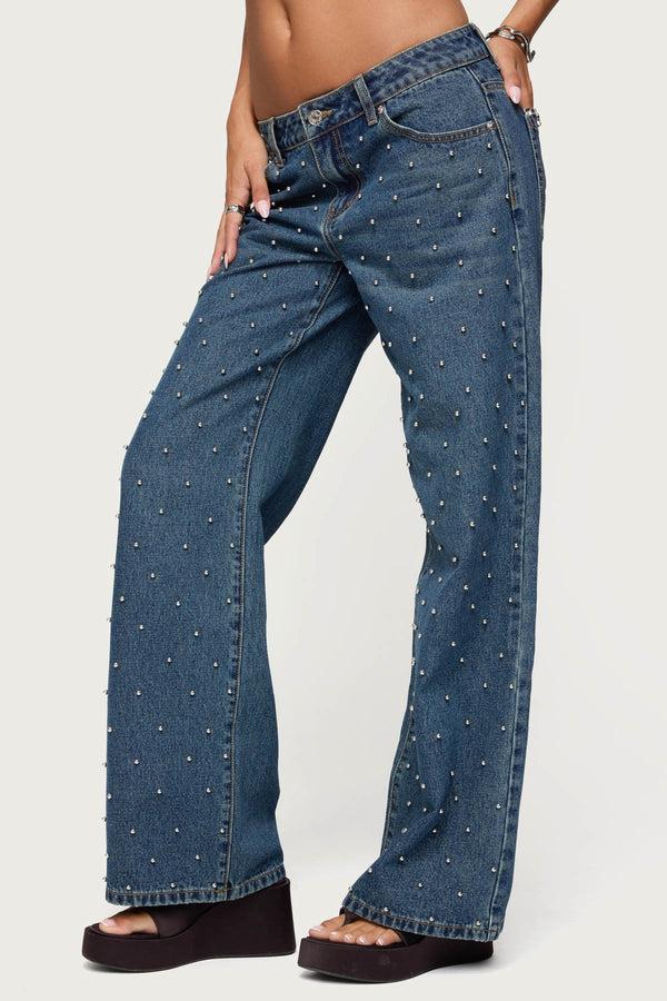 Edikted Esmay Studded Low Rise Jeans Blue Washed