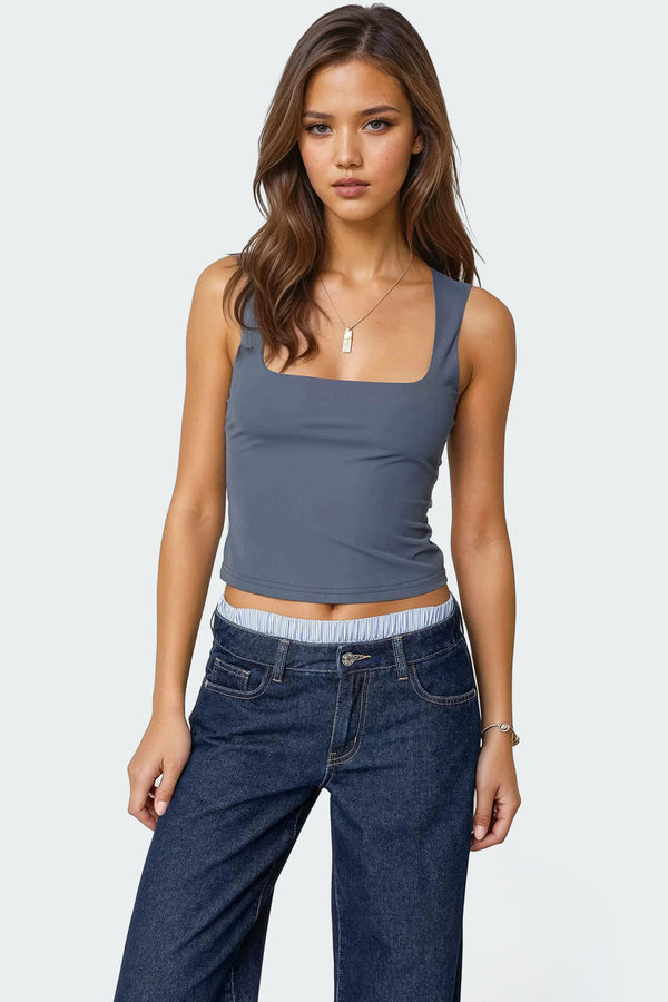 edikted Essy Square Neck Top navy