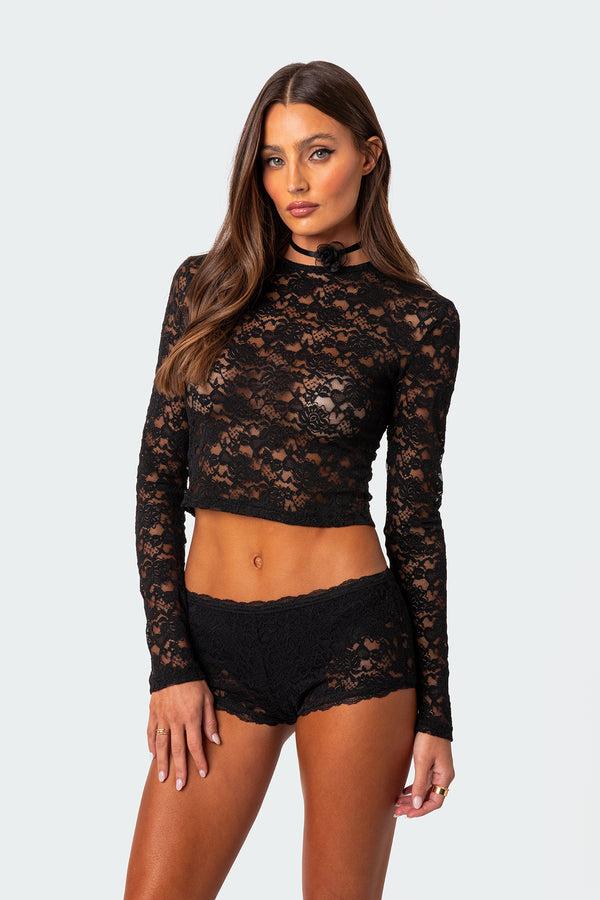 Edikted Estella Sheer Lace Top Black