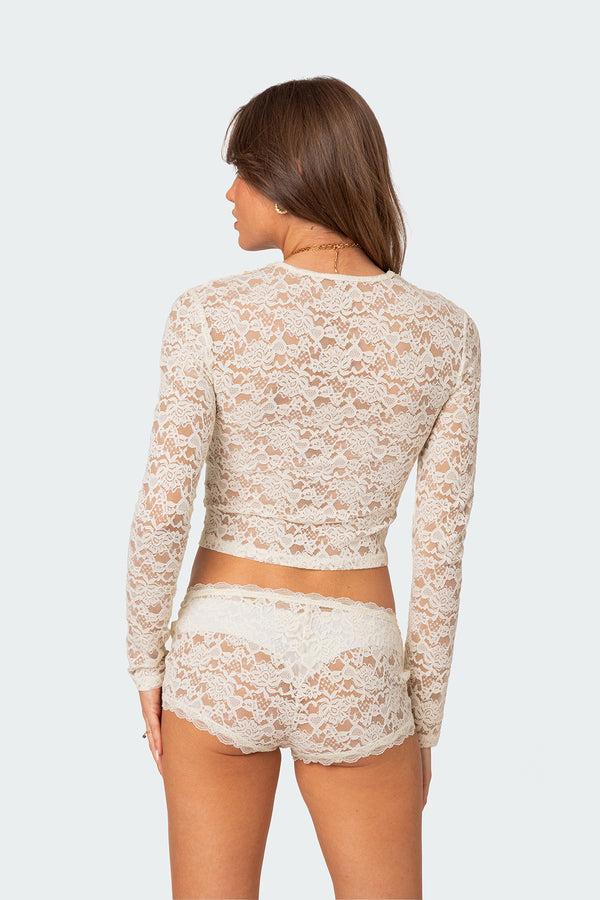 Edikted Estella Sheer Lace Top Cream