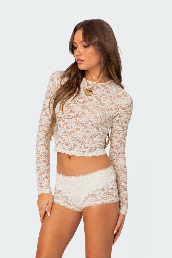Edikted Estella Sheer Lace Top Cream