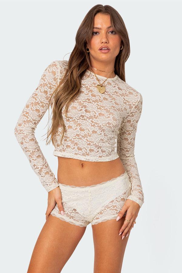 edikted Estella Sheer Lace Top cream