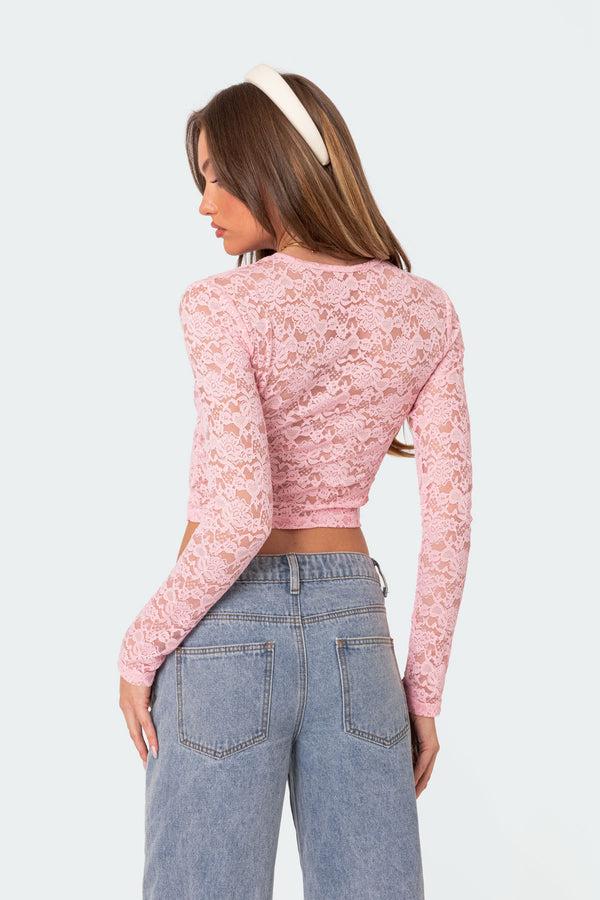 Edikted Estella Sheer Lace Top Pink