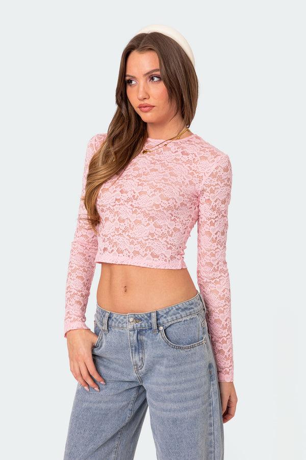 Edikted Estella Sheer Lace Top Pink