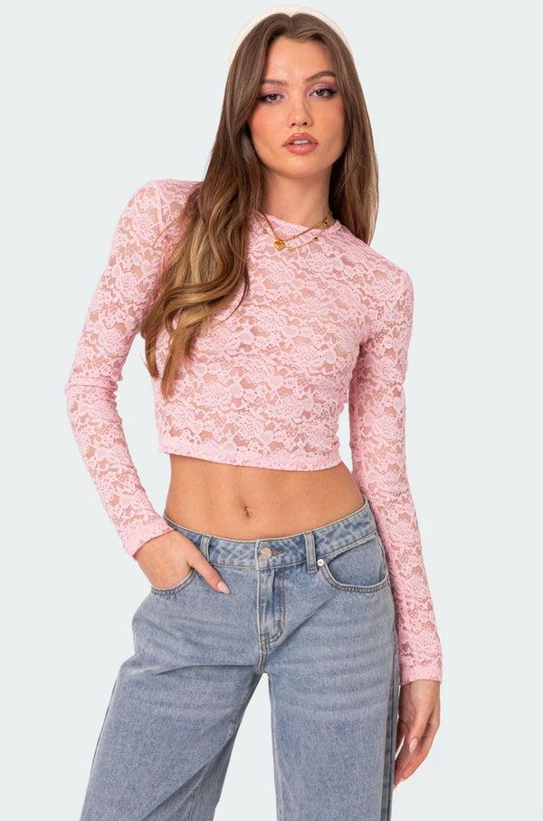 edikted Estella Sheer Lace Top pink
