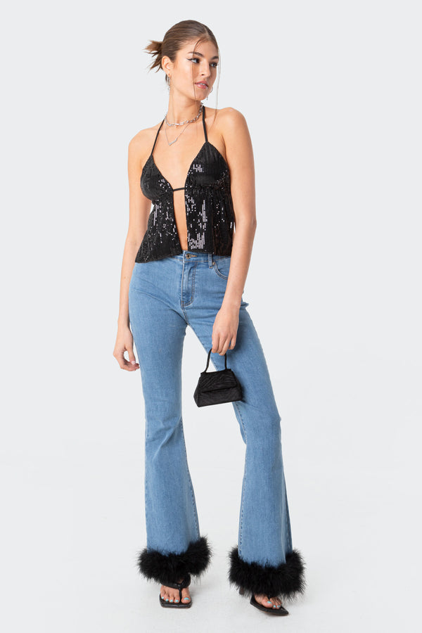 Edikted Estelle Open-Back Sequin Top Black