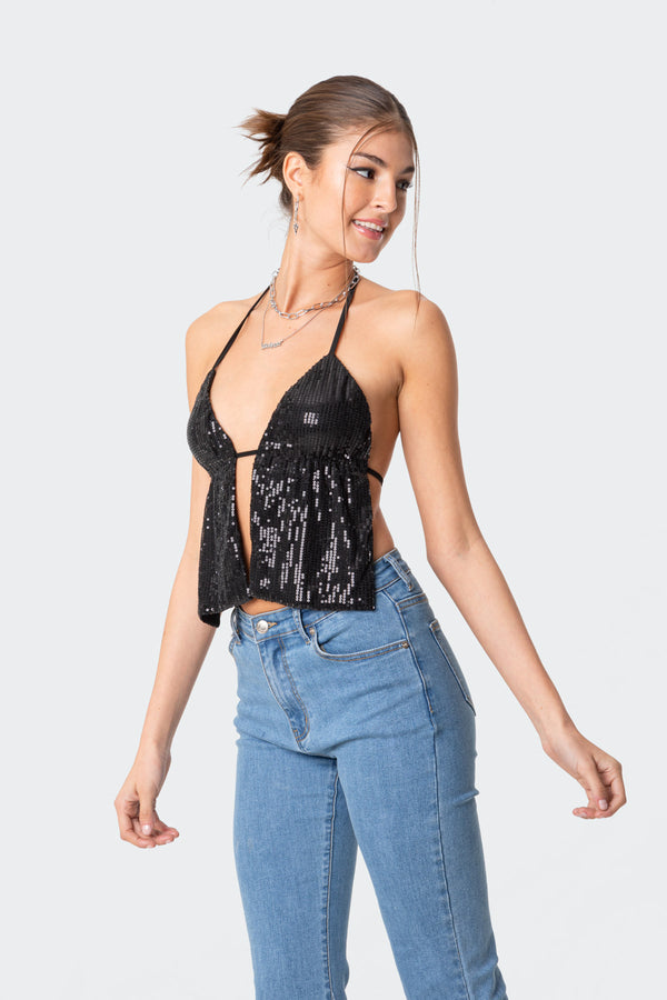 Edikted Estelle Open-Back Sequin Top Black