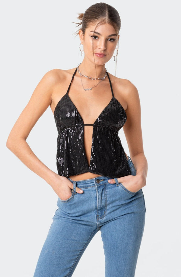 edikted Estelle Open-Back Sequin Top black