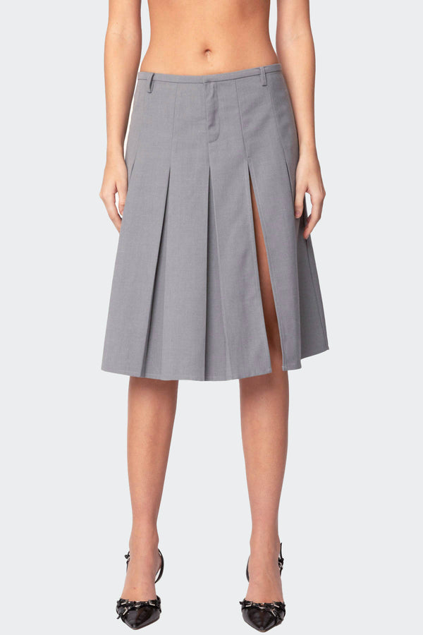 Edikted Ethel Side Slit Pleated Midi Skirt Gray