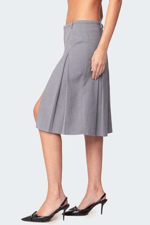 Edikted Ethel Side Slit Pleated Midi Skirt Gray