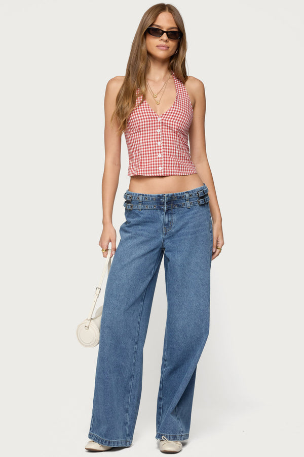 Edikted Evan Gingham Button Up Halter Top Red