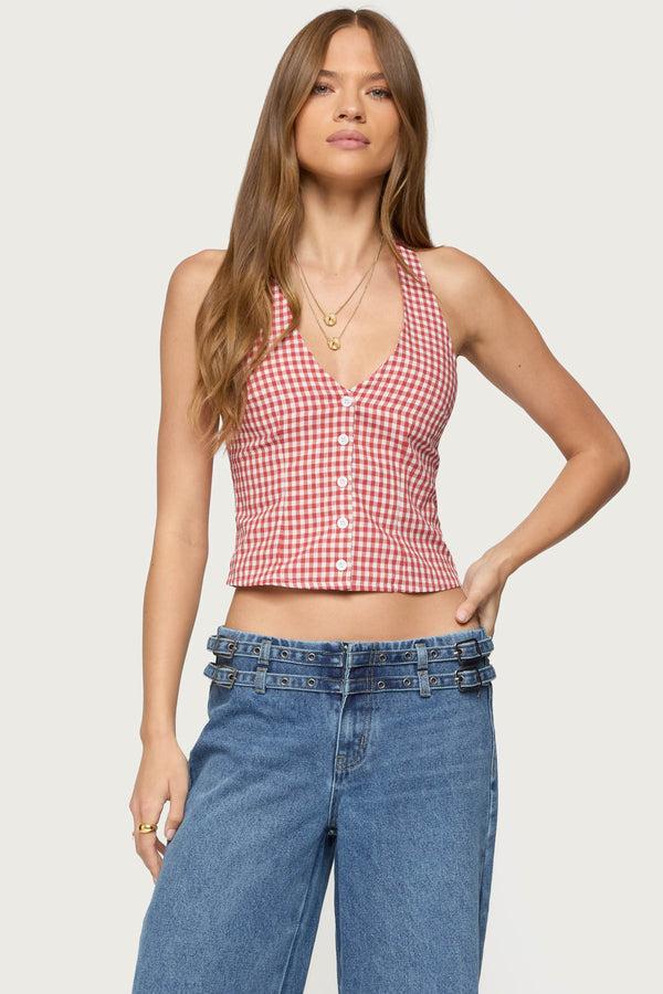 Edikted Evan Gingham Button Up Halter Top Red