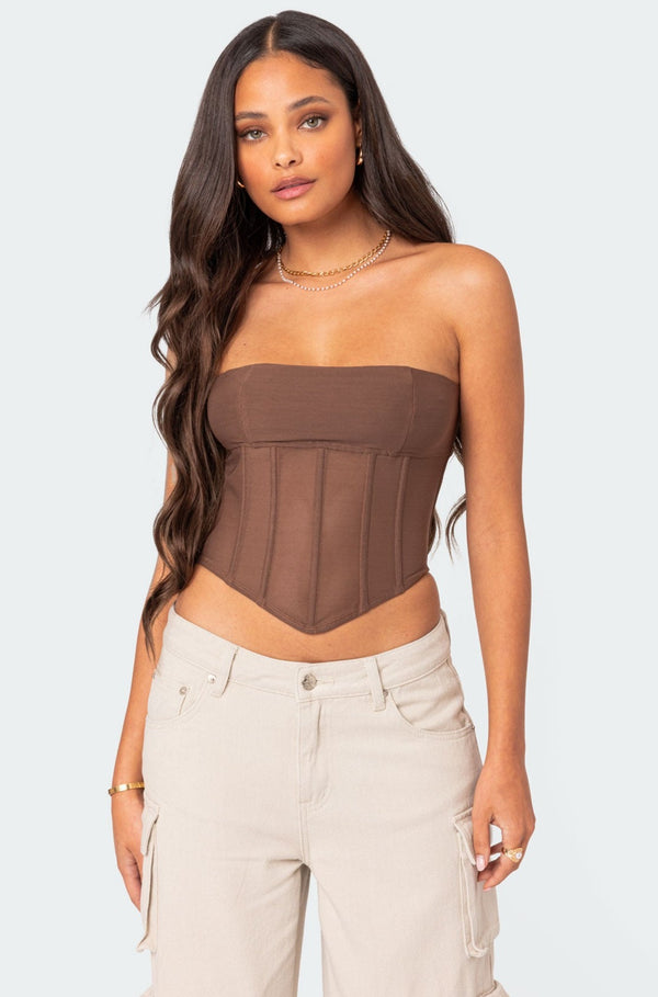 edikted Evangeline Sheer Mesh Corset brown