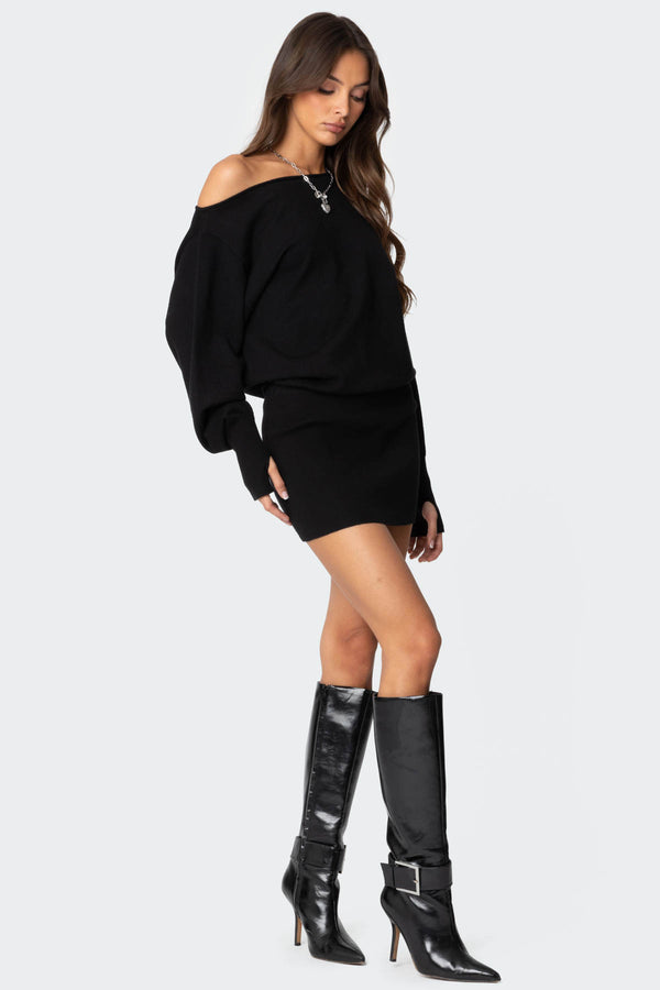 Edikted Eve Off Shoulder Knit Mini Dress Black