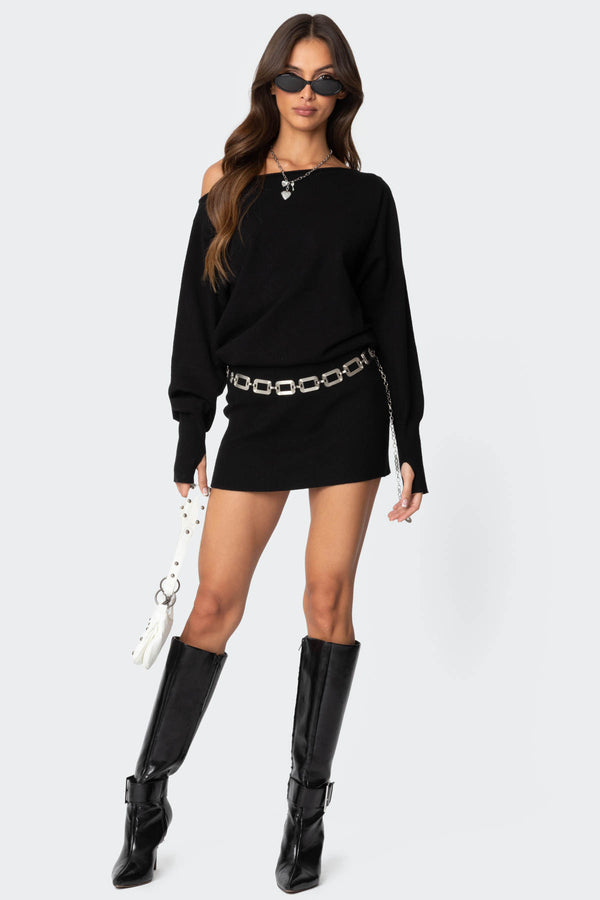Edikted Eve Off Shoulder Knit Mini Dress Black