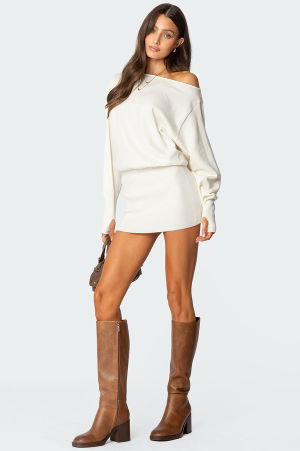 Edikted Eve Off Shoulder Knit Mini Dress Cream