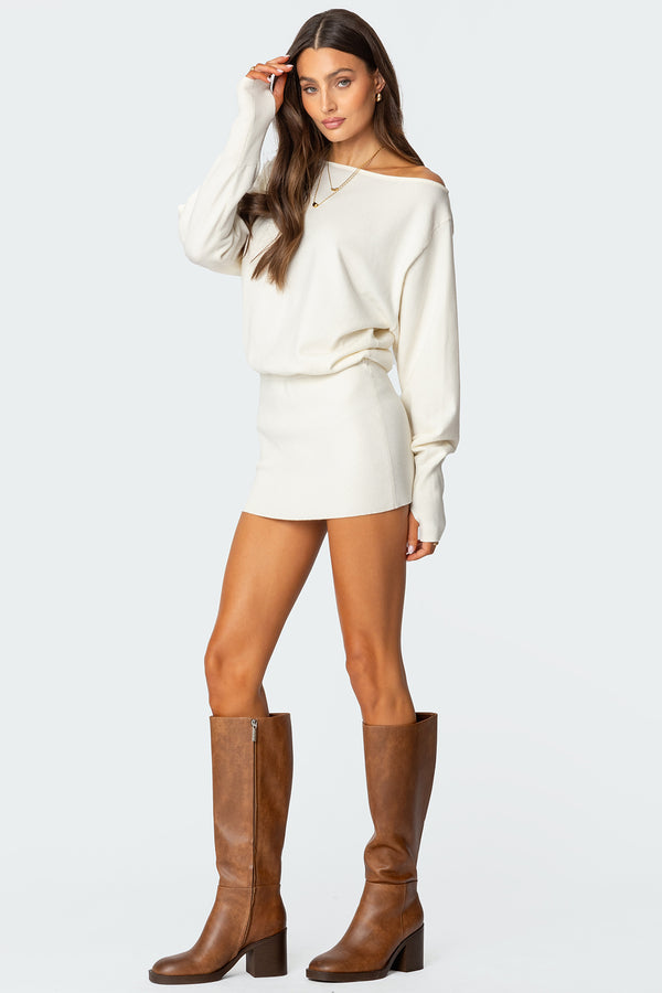 Edikted Eve Off Shoulder Knit Mini Dress Cream