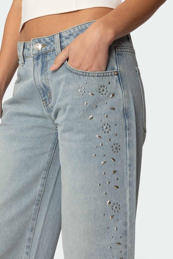 Edikted Everly Studded Low Rise Jeans Blue