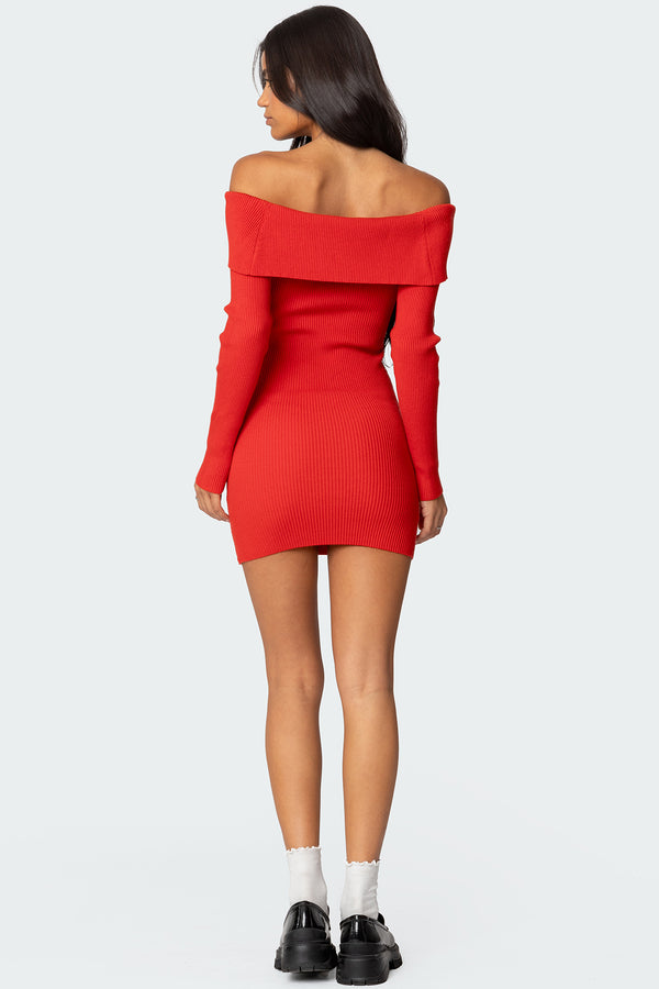 Edikted Evi Fold Over Knit Mini Dress Red