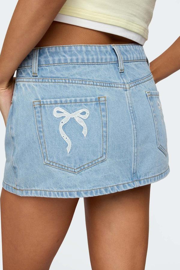 Edikted Eyelet Bows Denim Mini Skirt Light Blue