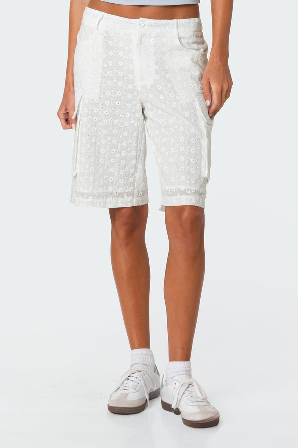 Edikted Eyelet Cargo Bermuda Shorts White