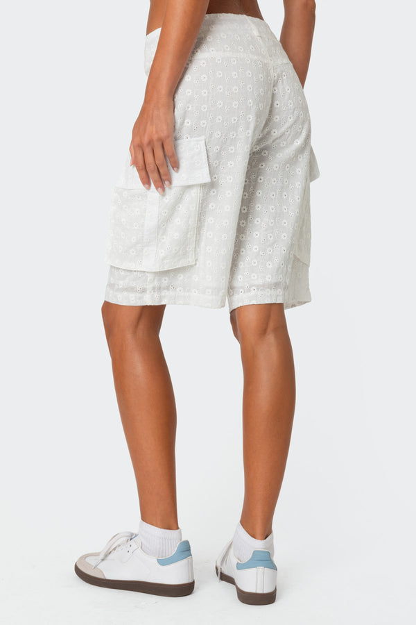Edikted Eyelet Cargo Bermuda Shorts White