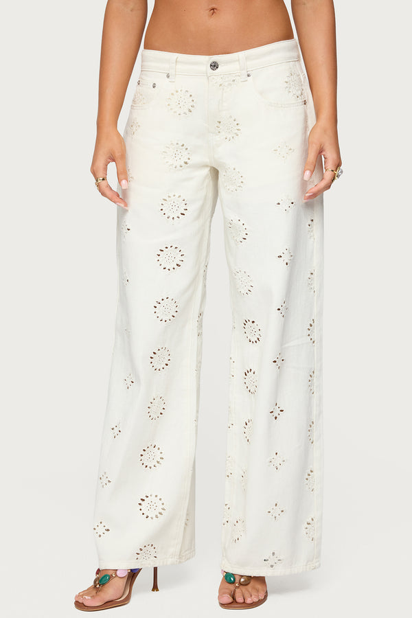 Edikted Eyelet Low Rise Wide Leg Jeans White