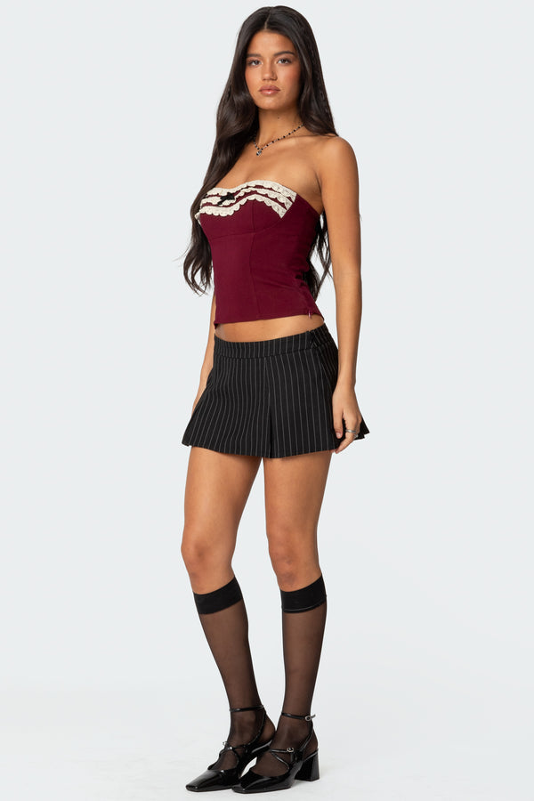 Edikted Eyelet Ruffle Strapless Top Burgundy