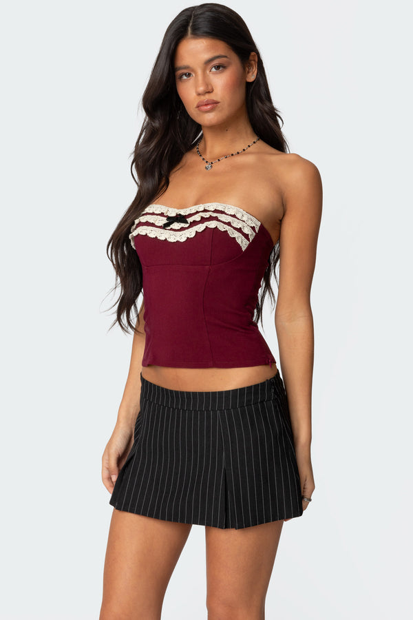 Edikted Eyelet Ruffle Strapless Top Burgundy