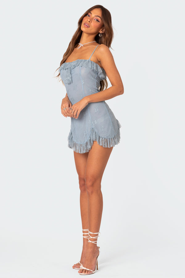 Edikted Fairy Girl Lace Mini Dress Blue