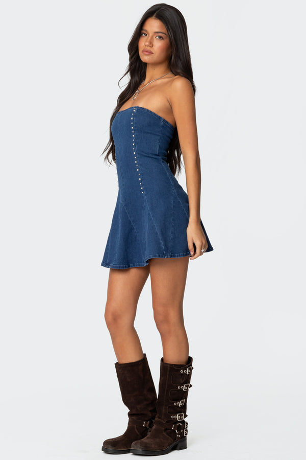 Edikted Fara Strapless Denim Mini Dress Blue