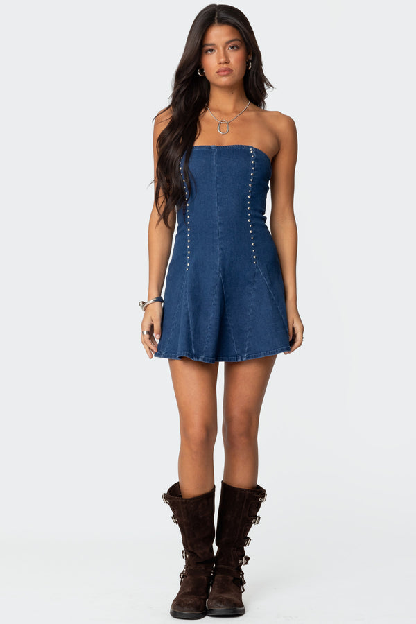 Edikted Fara Strapless Denim Mini Dress Blue