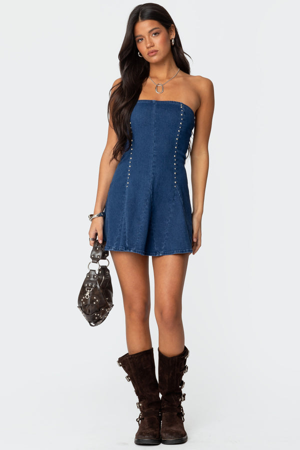 edikted Fara Strapless Denim Mini Dress blue