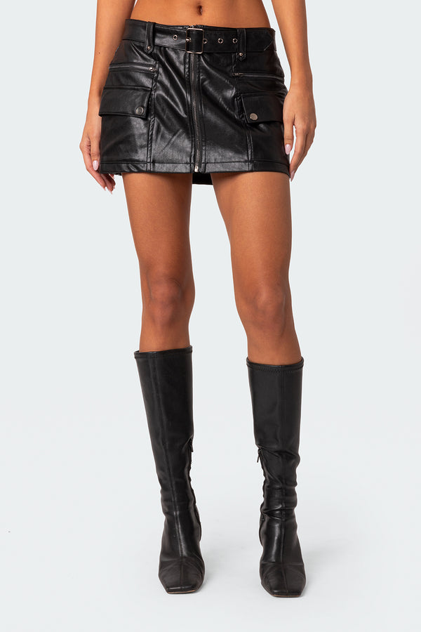 Edikted Faux Leather Cargo Mini Skirt Black