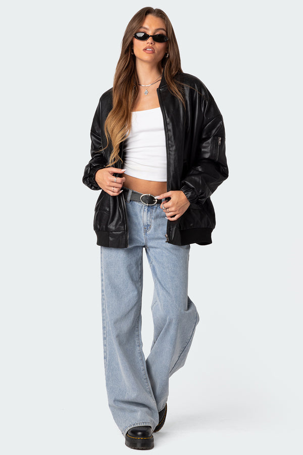 Edikted Faux Leather Oversized Bomber Jacket Black