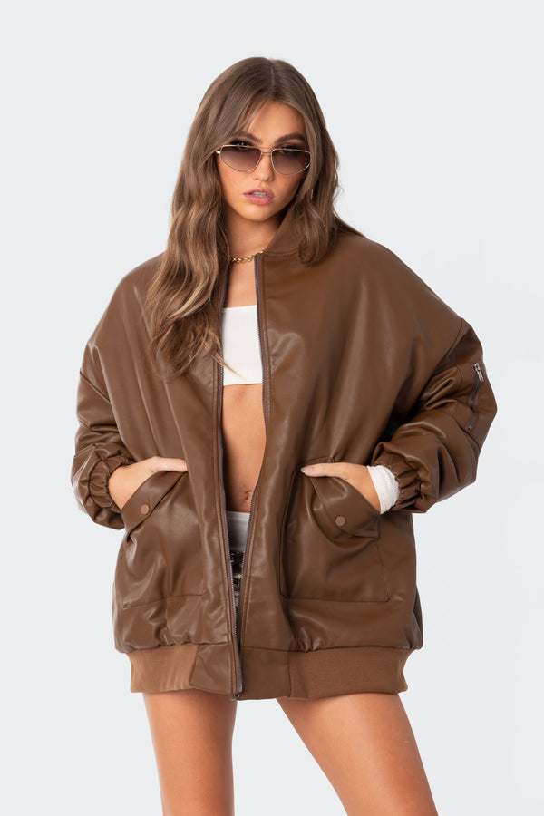 Edikted Faux Leather Oversized Bomber Jacket Brown