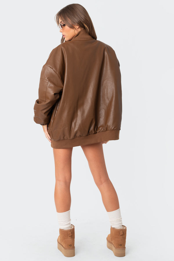 Edikted Faux Leather Oversized Bomber Jacket Brown