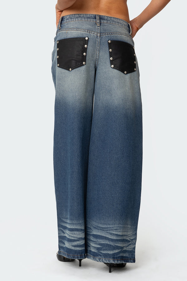 Edikted Faux Leather Pocket Low Rise Jeans Blue