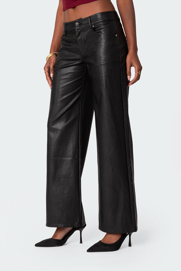 Edikted Faux Leather Straight Leg Pants Black
